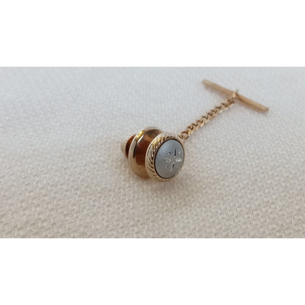 Engraved Star Design Silver & Gold Tone Vintage SMALL Tie Tack Lapel Pin - Picture 2 of 6